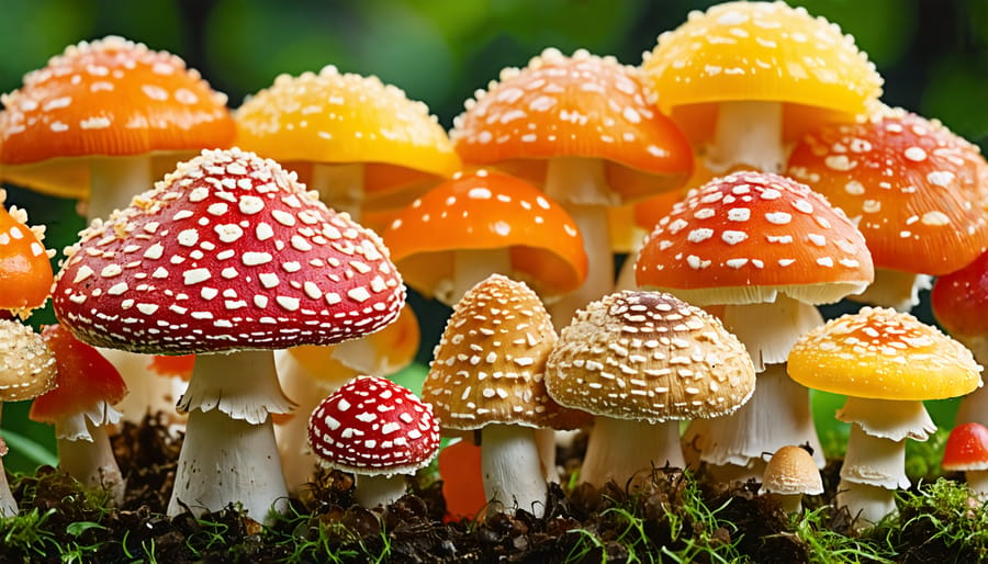 A variety of mushrooms including reishi, lion's mane, and shiitake, displayed on a wooden table