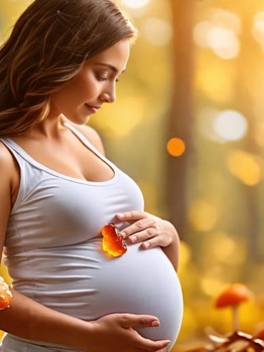 A serene pregnant woman gently holding mushroom gummies, with faint images of reishi, lion's mane, and cordyceps mushrooms in the background, representing their potential benefits for pregnancy wellness.