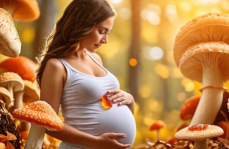 A serene pregnant woman gently holding mushroom gummies, with faint images of reishi, lion's mane, and cordyceps mushrooms in the background, representing their potential benefits for pregnancy wellness.