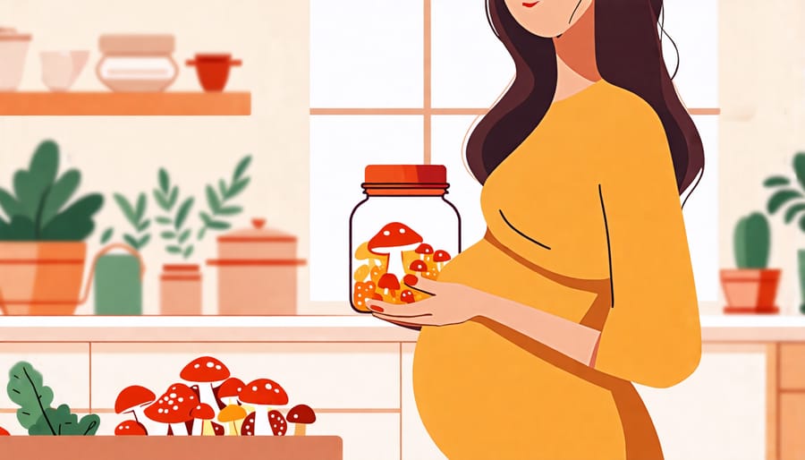 A pregnant woman smiling as she holds a jar of mushroom gummies, symbolizing nutritional support during pregnancy