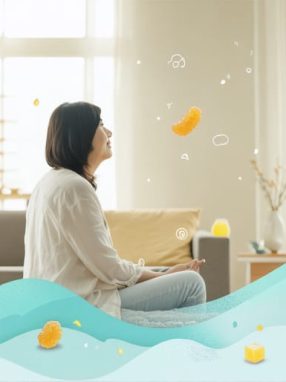 A serene illustration of a relaxed parent in a peaceful home setting with symbolic elements like HHC gummies and gentle motifs representing stress relief and balance amid parenting.