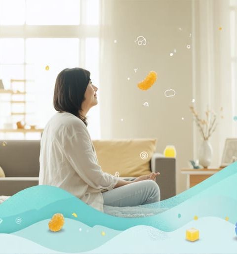 A serene illustration of a relaxed parent in a peaceful home setting with symbolic elements like HHC gummies and gentle motifs representing stress relief and balance amid parenting.