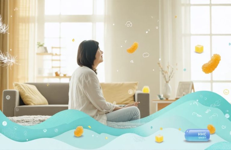 A serene illustration of a relaxed parent in a peaceful home setting with symbolic elements like HHC gummies and gentle motifs representing stress relief and balance amid parenting.