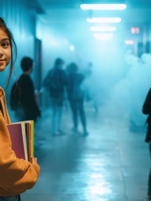 A confident teenage girl holding books walks past a group of peers vaping, symbolizing empowerment and informed decision-making.