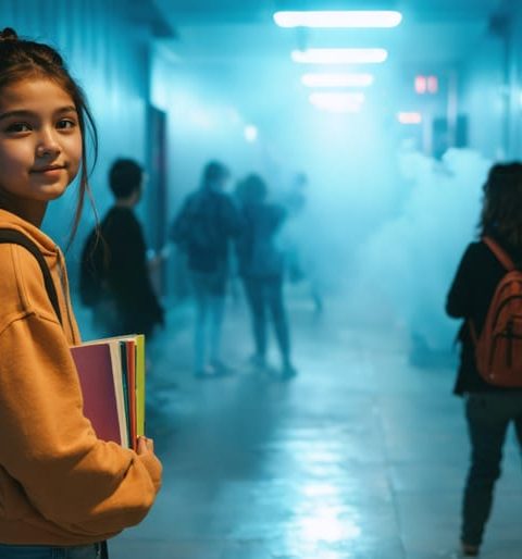 A confident teenage girl holding books walks past a group of peers vaping, symbolizing empowerment and informed decision-making.