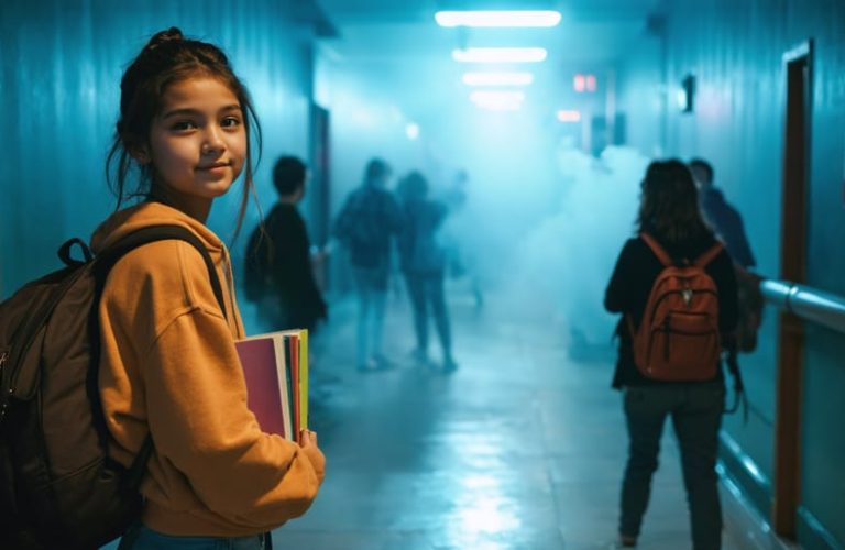 A confident teenage girl holding books walks past a group of peers vaping, symbolizing empowerment and informed decision-making.