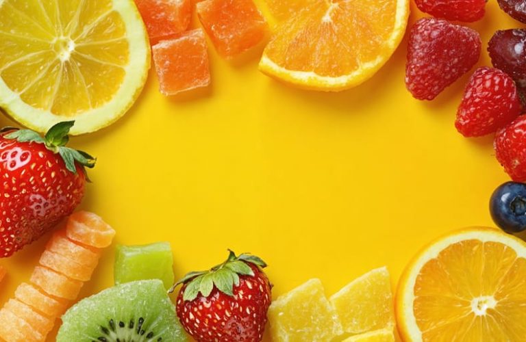 An engaging visual of freeze-dried candy mixed with fresh fruits, highlighting healthy snacking options for children.